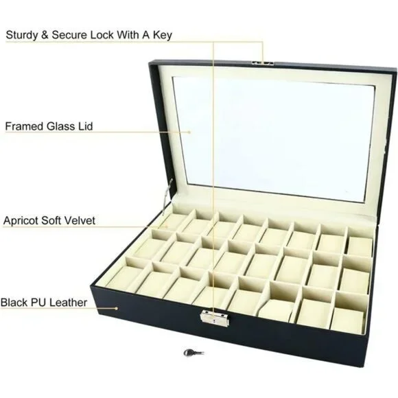 Watch Box 24 Slot PU Leather Display Case with Lock Acrylic Top Organizer